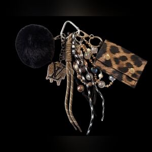 Leopard Glam Charm Set | Beaded Bag Accessory with Pom & Cardholder
